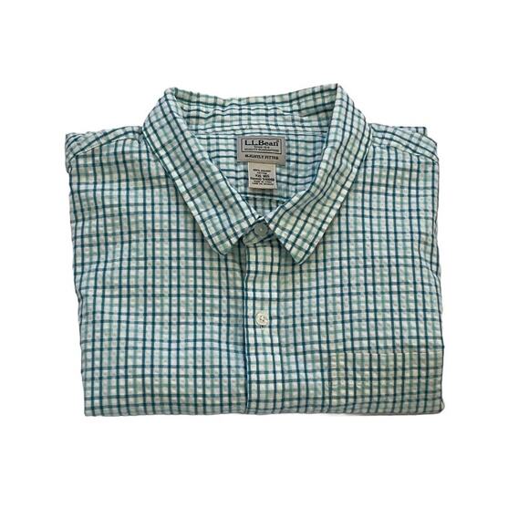 LL Bean Slightly Fitted Cotton Green/Blue Gingham Short Sleeve Button Down Shirt - Picture 1 of 9